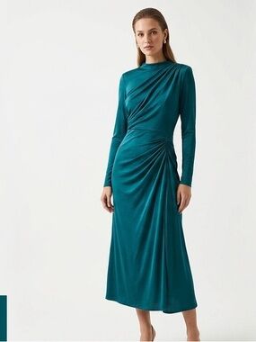 Betsy & Adam Emerald Green Draped Long Sleeve Gown | Size 4 | Made in USA